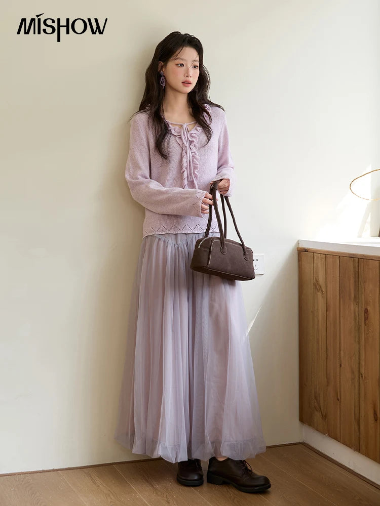 MISHOW Women Long Sleeve Tees 2025 Autumn New V-neck Wood Ear Hollow Out Knitted Sweater Women's Beige Wool Top MXE51Z2595