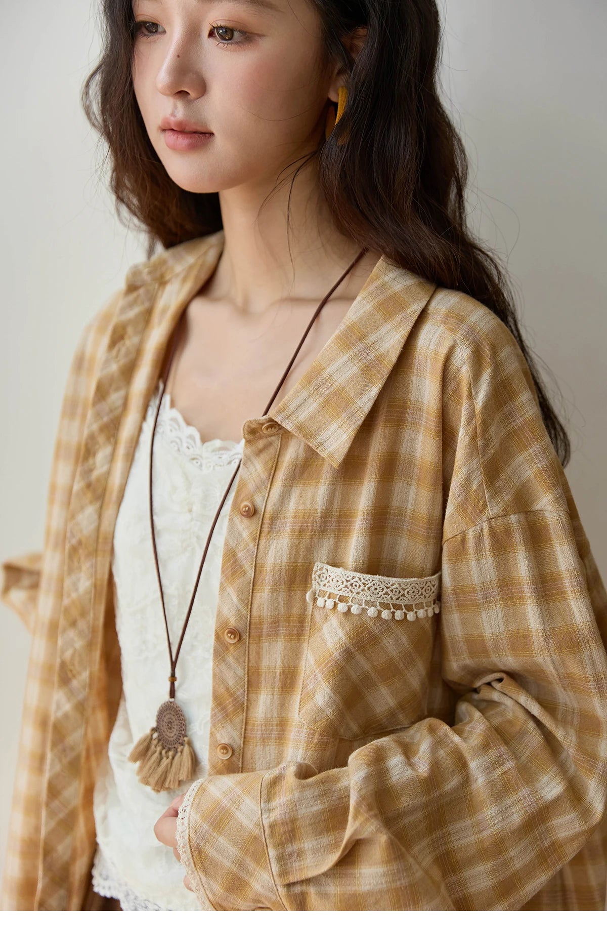 MISHOW Women's Retro Plaid Long Sleeved Shirt 2025 Autumn Korean Loose Casual Plaid Top with Lace Pocket Lapel Shirts MXE43C2378