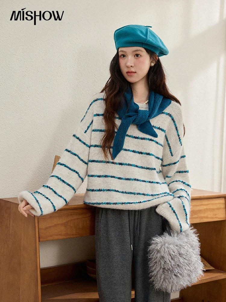 MISHOW Women's Blue Striped Sweater 2025 New Alpaca Wool Shawl Scarf Set Retro Loose Casual Knit Top Winter Clothes MXE90Z2821