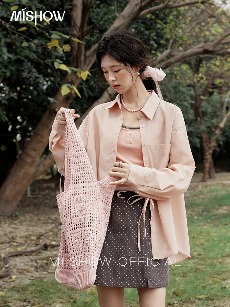 MISHOW Pink Long Sleeve Shirt for Women Spring 2025 Korean Splicing Lace Bow Tie Shirt Polo-neck Solid Versatile Tops MXE16C0767