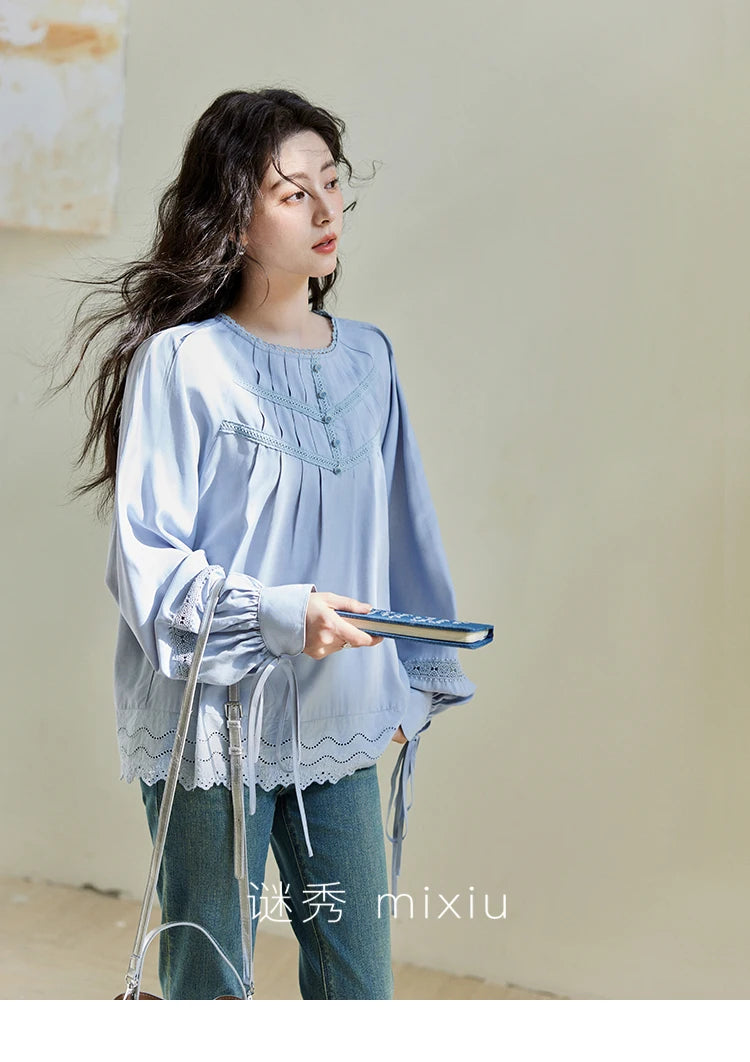 MISHOW Blue Lace Patchwork Shirt for Women 2025 Spring Sleeve Lace-up Hem Wave Edge Top Lantern Sleeve Loose Shirt MXE14X1716