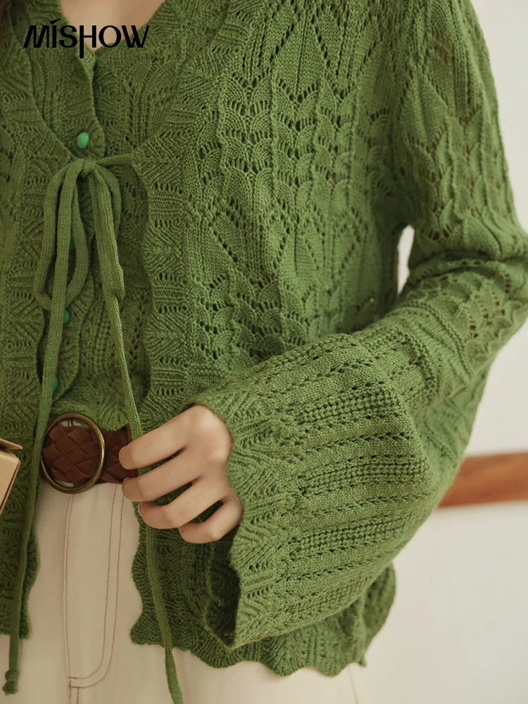 MISHOW Women's Wool Knitted Suit Autumn 2025 Flared Sleeves Lace-up Cardigan Single-breasted Camisole Two-piece Set MXE42T0717