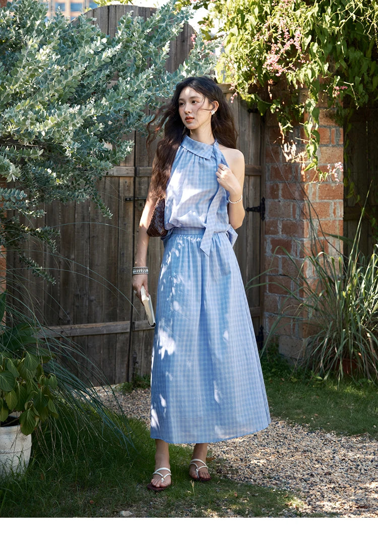 MISHOW Women's 2 Piece Set 2025 Summer Female Vacation Fashion Plaid Hanging Neck Button Top A-line Half Skirt Set MXE39T0711