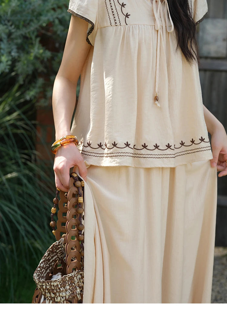 MISHOW Women Two Piece Set 2025 Summer Female Embroidery Flying Sleeve Lace Spliced Top Loose Elastic Waist Skirt Set MXE39T0667