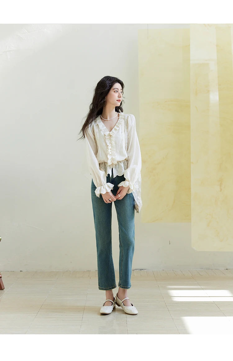 MISHOW Spring New French Shirts for Woman 2025 Long Sleeve V-neck Solid Loose Blouses Women Fashion Versatile Tops MXE14X1732