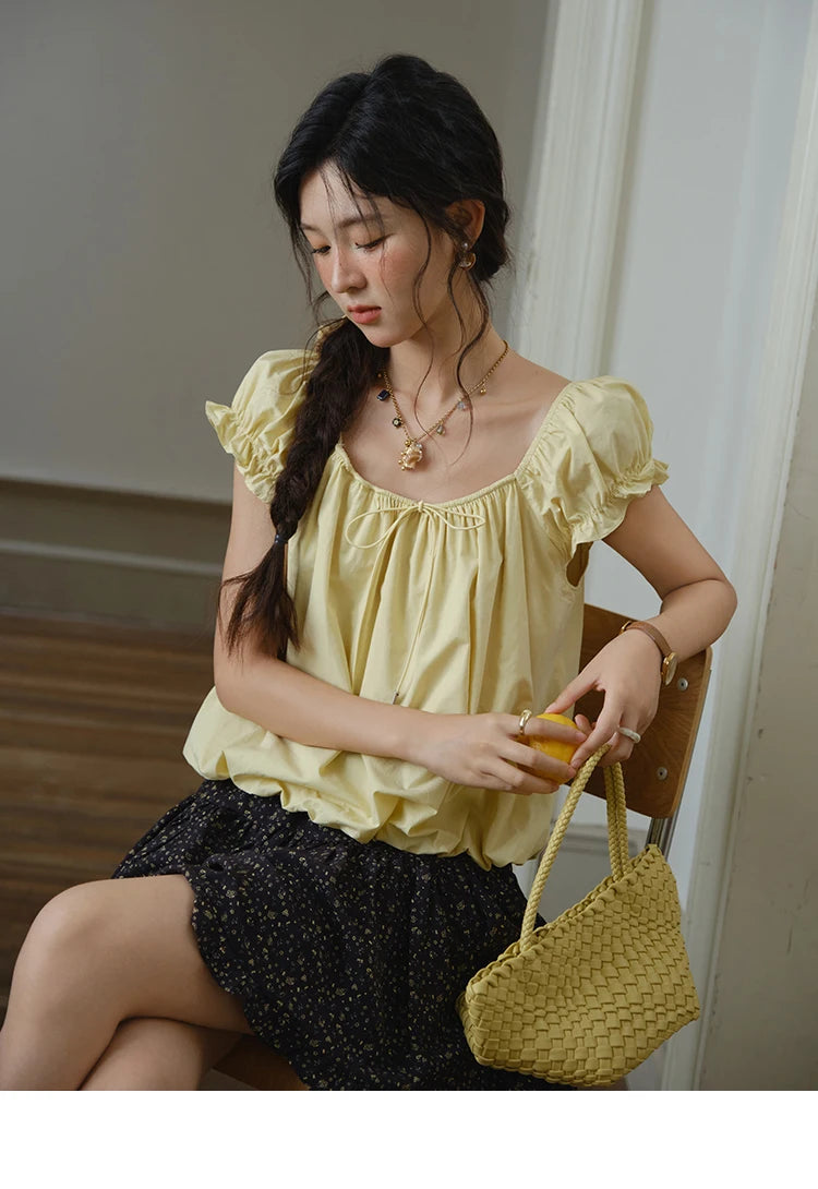 MISHOW 100% Cotton Blouse for Women 2025 Summer New Fashion Puff Sleeve Casual Commute Lace Up Top Ladies Clothing MXE37X1893