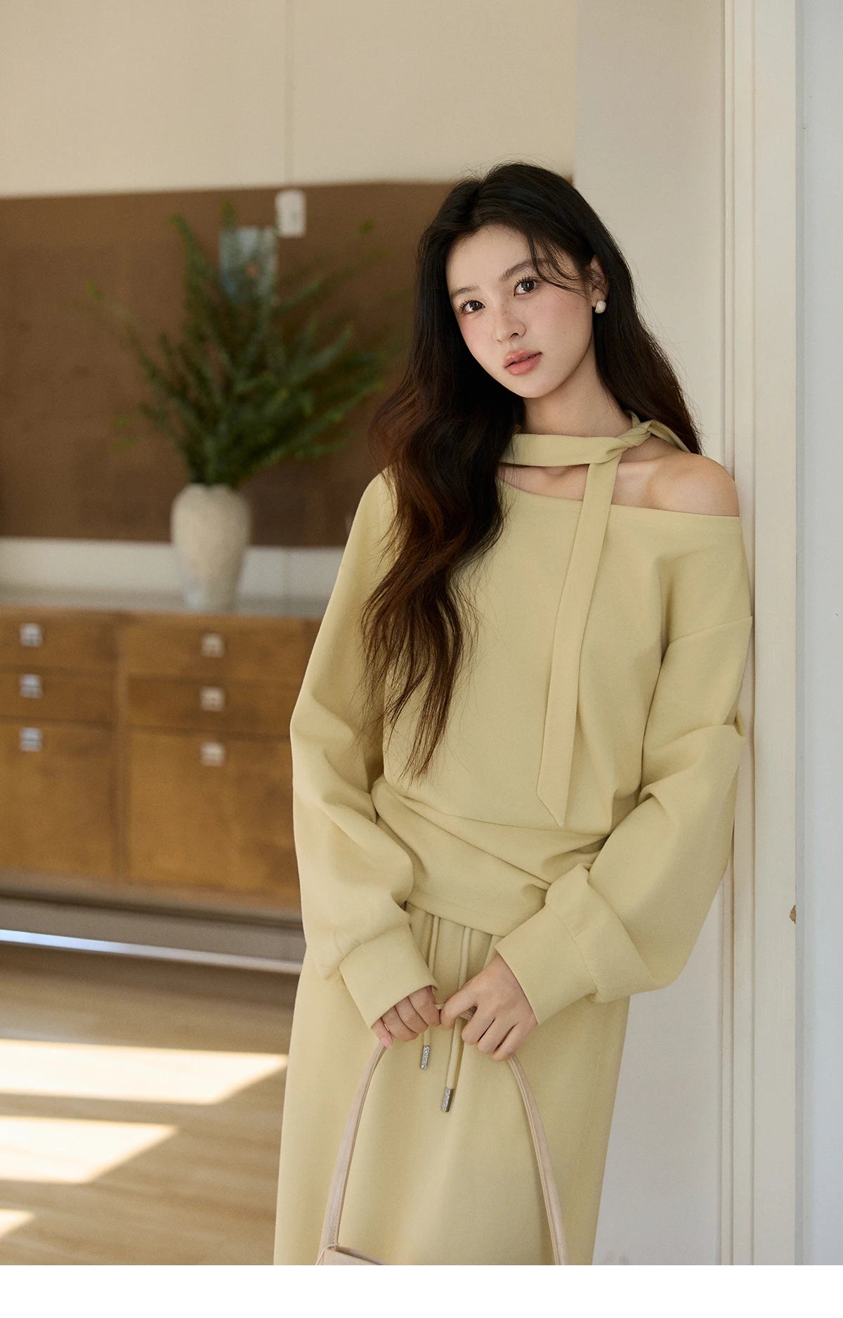 MISHOW Women's Light Yellow Two-Piece Set Asymmetrical Off-shoulder Pullover Top Rear Fork Midi Skirt Set with Ribbon MXE11T1489