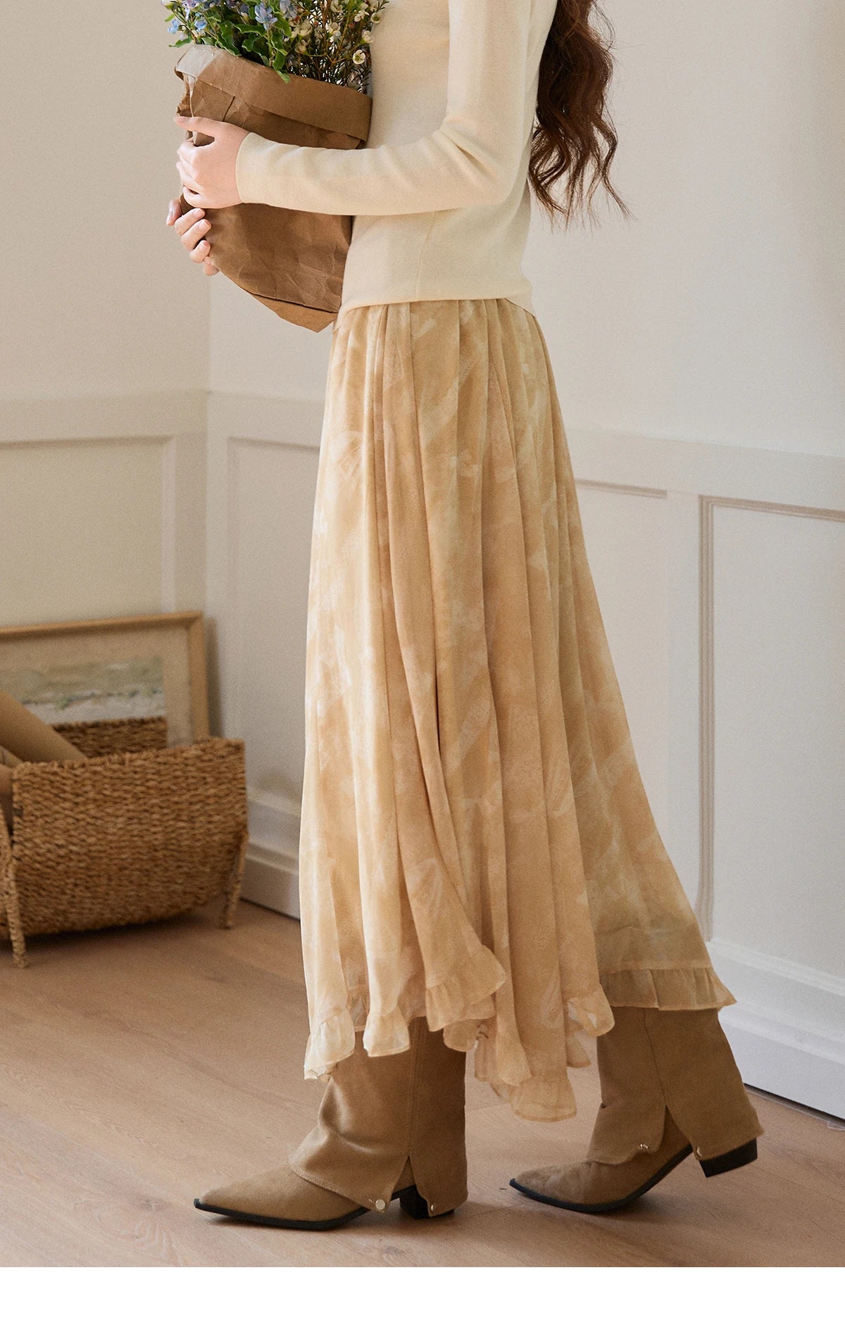 MISHOW Women's Beige Chiffon Maxi Skirt 2026 Spring Floral Print High Waist Ruffled Asymmetrical Casual Long Skirts MXF11B2463