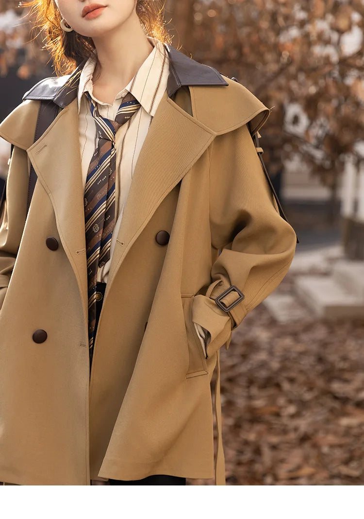 MISHOW Trench Coats for Women Autumn Korean Office Lady Polo Collar Patchwork Long Mid-length Jacket Female Outerwear MXB33W0399