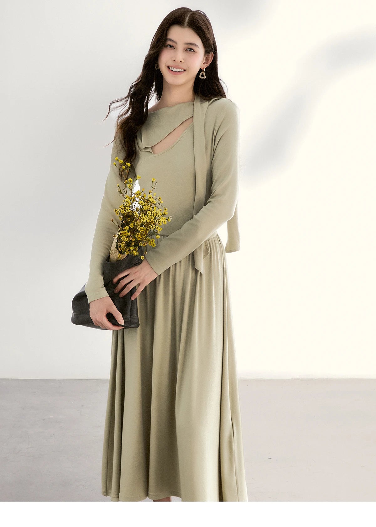 MISHOW Women's Light Green Midi Dress 2026 Spring Cutout Neck Hollow Out Ribbon Dresses Elegant Long Sleeve Dress MXF13L2556