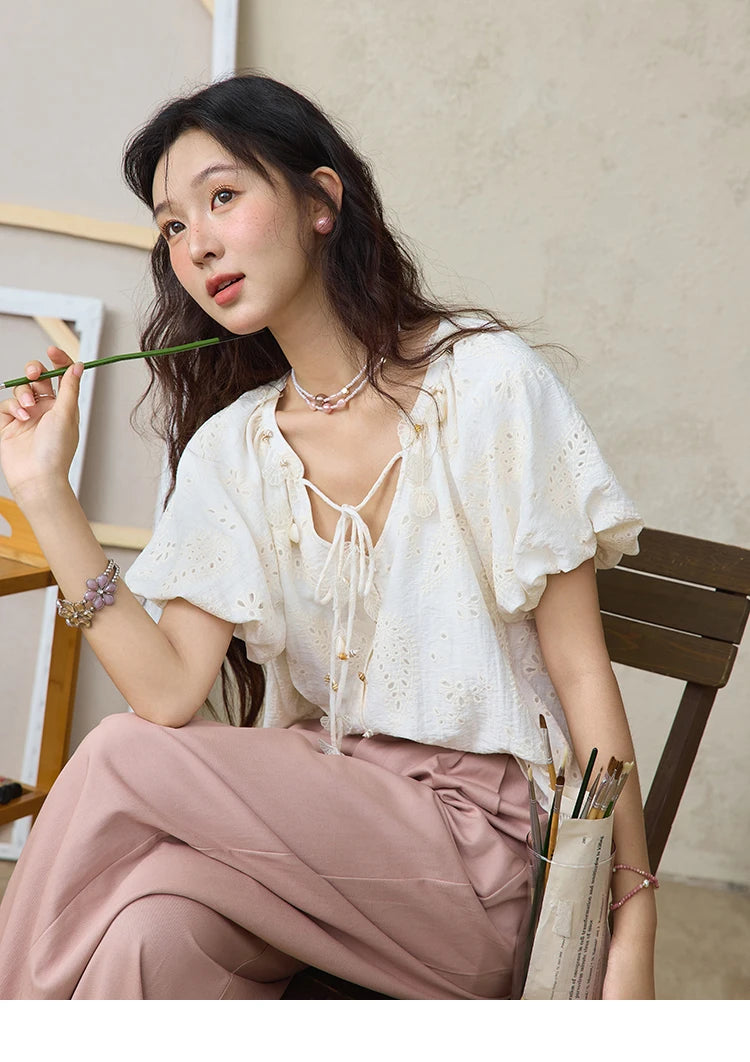 MISHOW Fashion Embroidery Jacquard Design Short Sleeve Shirt for Women 2025 Summer New V-neck Lace Up Retro Loose Top MXE35X1790