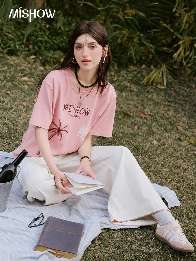 MISHOW Casual Print T-shirts Women 2025 Summer New Short Sleeve Round Neck Coconut Tree Pattern Shirt Woman Holiday MXE31T0516