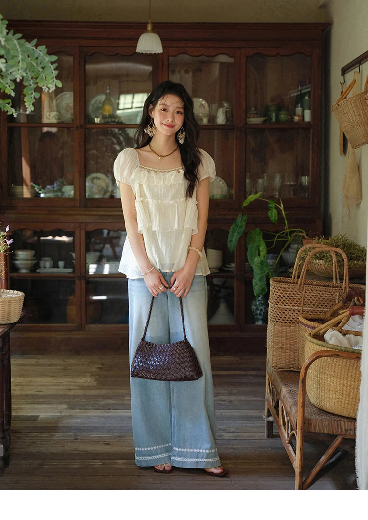 MISHOW French Summer Blouse Women New 2025 Short Sleeve Square Collar Cake Ribbon Shirts Female Fashion Slimming Tops MXE33X1763