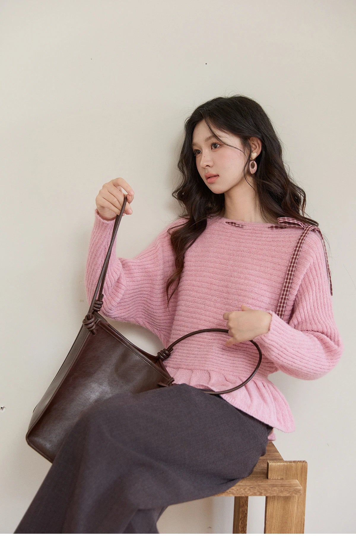 MISHOW Women's Pink Ribbed Knit Sweater 2026 Spring Plaid Bow Decor Peplum Hem Long Sleeve Casual Slim Pullover Tops MXF11Z3016