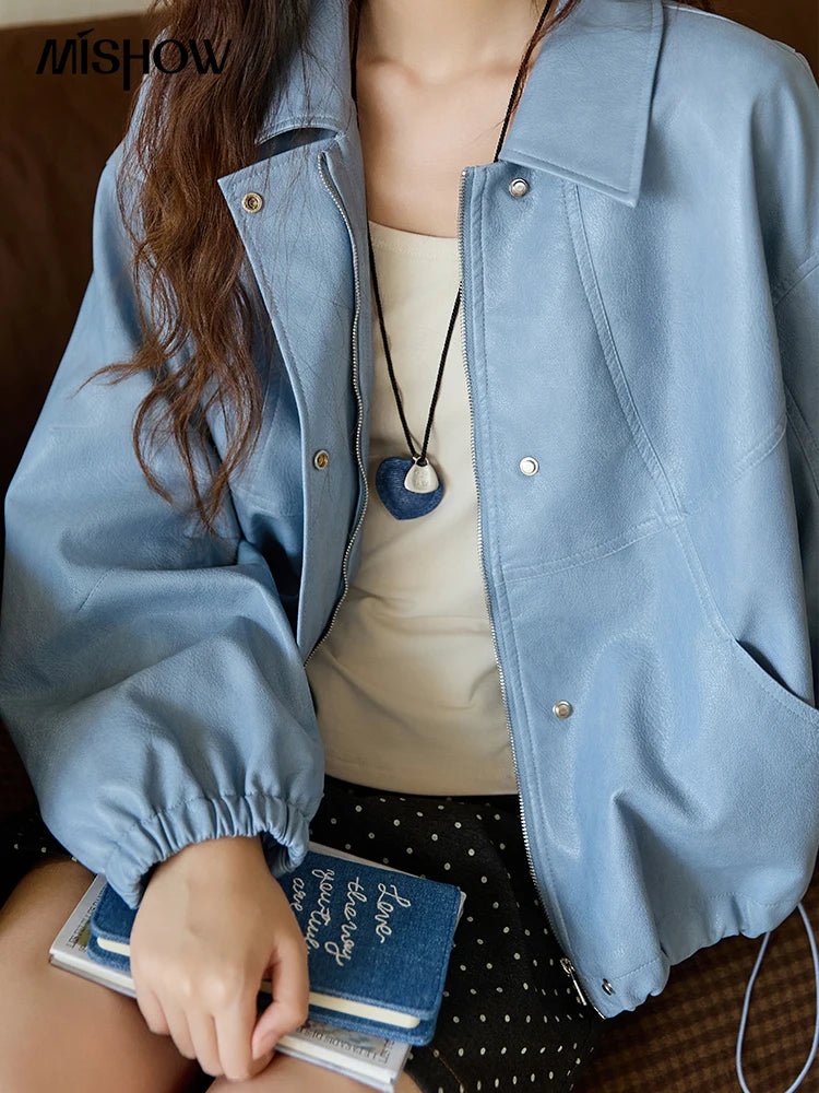 MISHOW Women's Blue Short Jacket 2025 Autumn Hip-hop Style Loose Zipper Coat Commute Pu Leather Lapel Fashion Jackets MXE45W0822