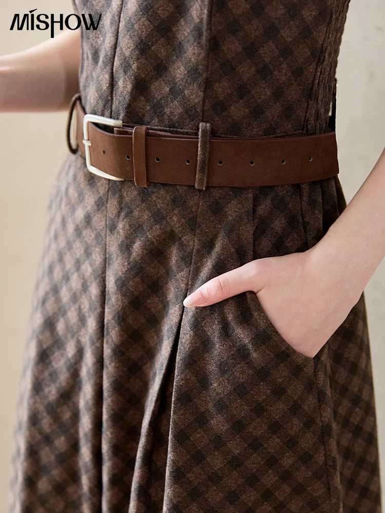 MISHOW Women Midi Dress 2025 Autumn Winter New Plaid Sleeveless Slip Dress Slim Commute Retro Luxury Evening Dress MXE51L2538