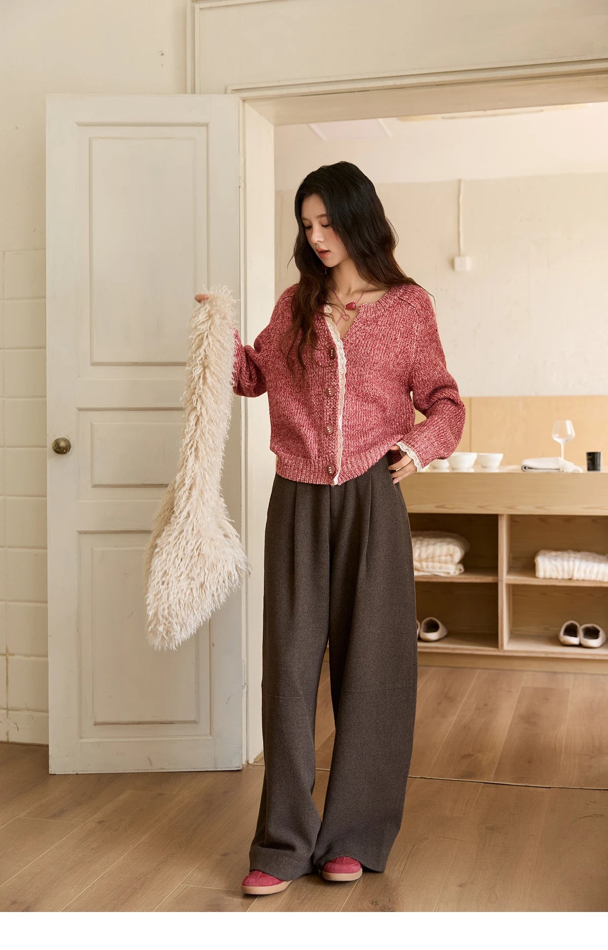 MISHOW Women Pants 2025 Autumn Winter Retro Brown Wide-leg Pants High Waist Design Loose Casual Drape Pants MXE88K1122