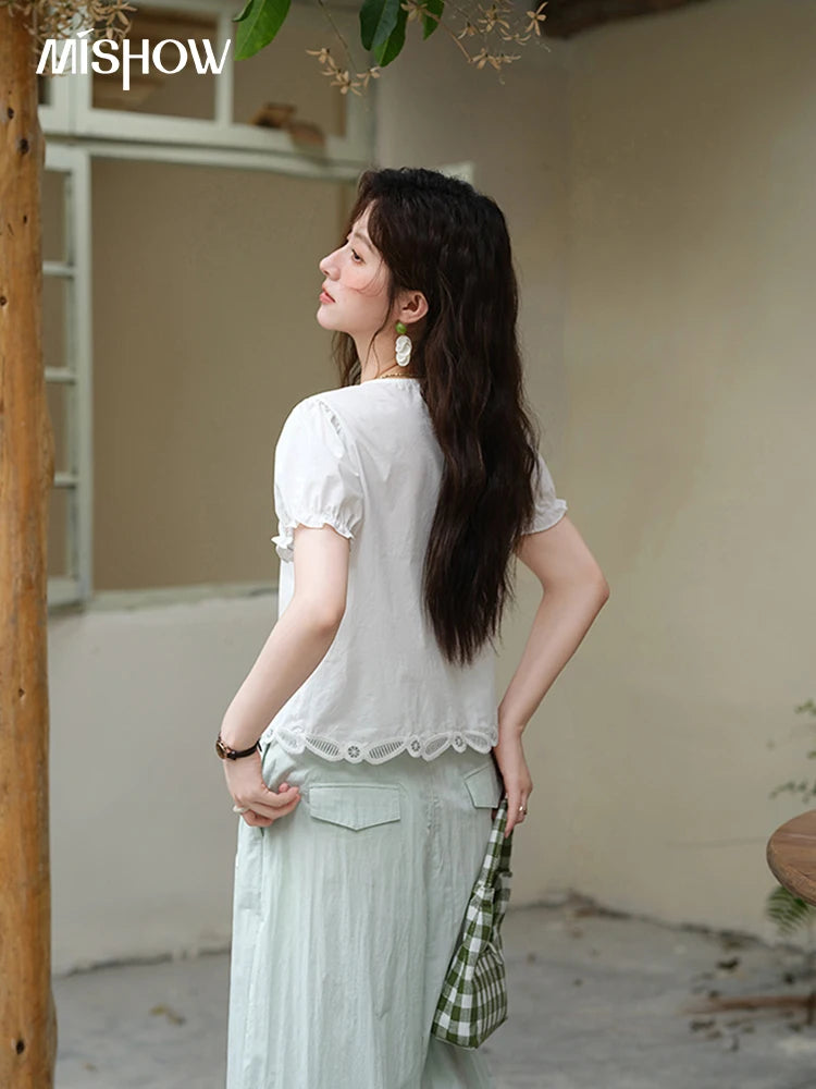 MISHOW 100%Cotton Hollow Embroidery Round Neck Shirt for Women 2025 Summer Puff Sleeve Casual Top Women's Clothing MXE39X1938