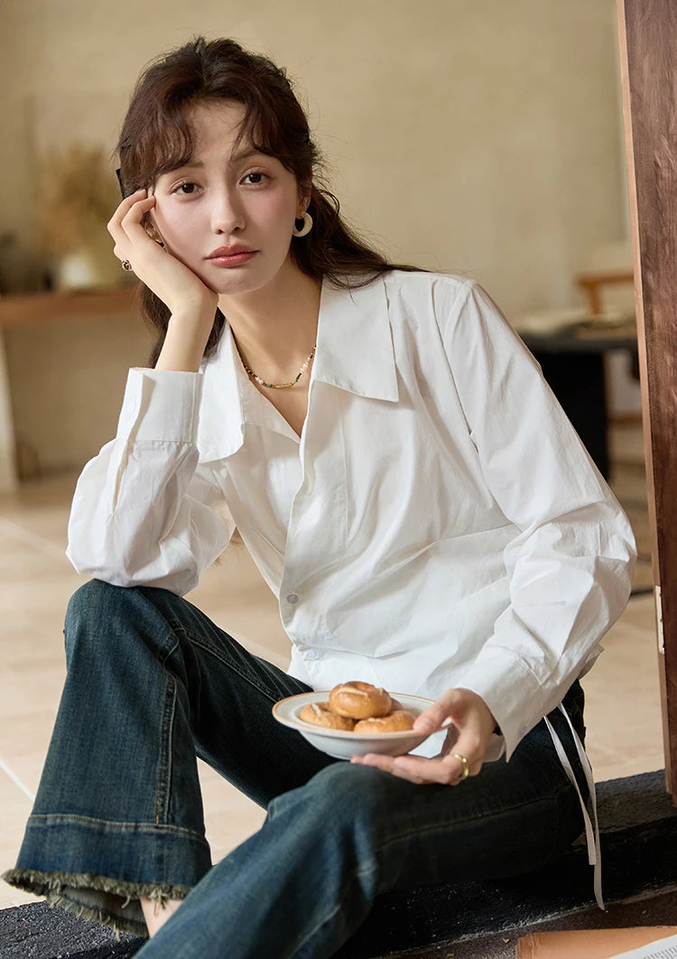 MISHOW French Side Placket Asymmetric Shirt Autumn 2025 Pleated Waist Lapel Shirts Long Sleeve Loose Commuter Tops MXD45C0357