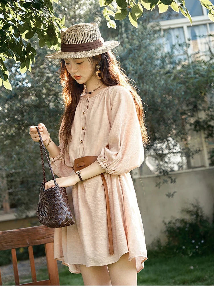 MISHOW French Retro Midi Length Sleeves Dress Summer O-neck Single Breasted Dresses Casual Tea Break Dress with Belt MXE39L2409