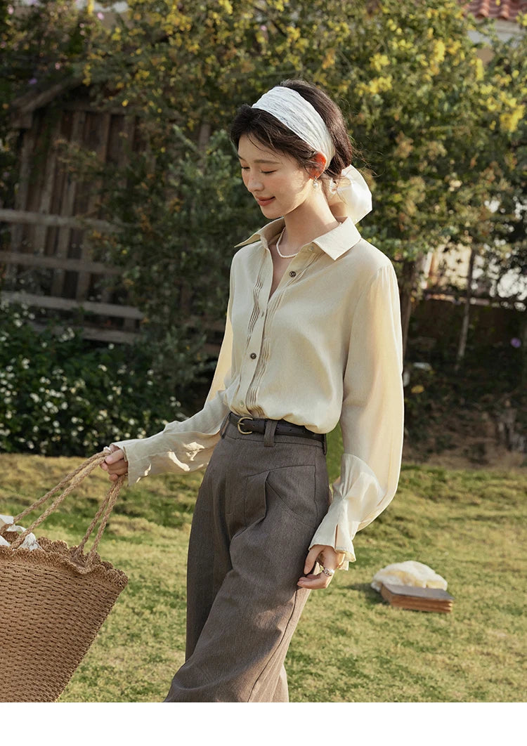 MISHOW Wave Striped Single Breasted Shirt for Women Spring 2025 Shell Buttons Solid Shirts Loose Commuter Outerwear MXE16C0422