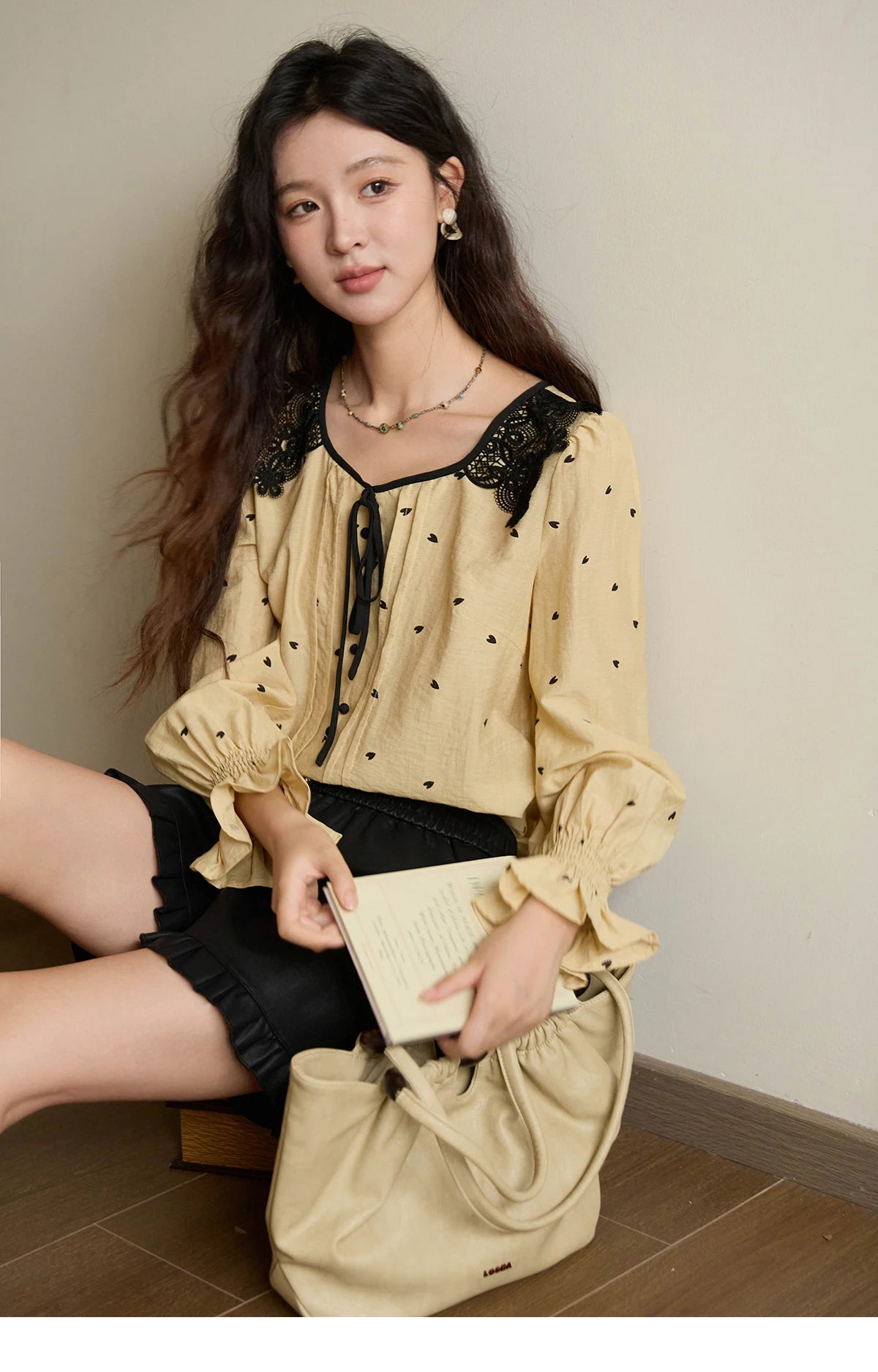 MISHOW Women's Yellow Heart Printed Shirt Autumn Lace Hollowed Out Collar Bubble Sleeve Top Lace-up Commuter Shirts MXE41X1949