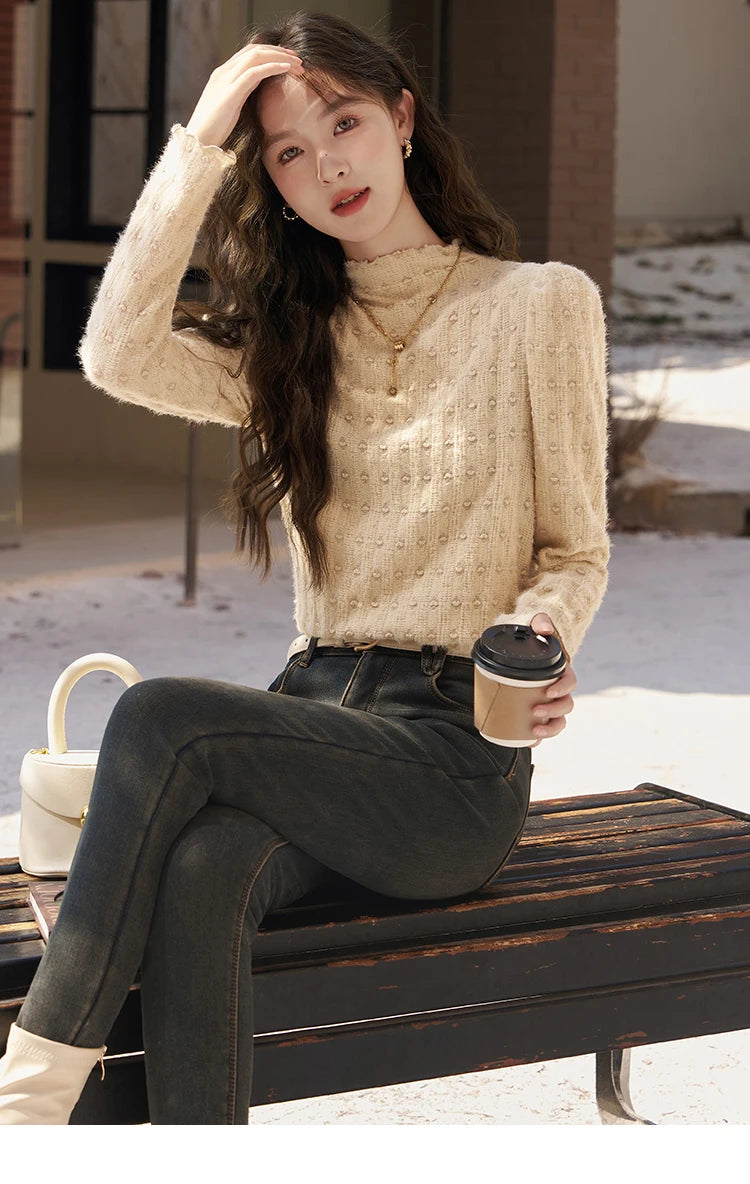 MISHOW Lace Bottoming Shirt Women Autumn Winter Mock Neck Long Sleeve Knitted Pullover French Warm Inner Top Female MXC58Z0481