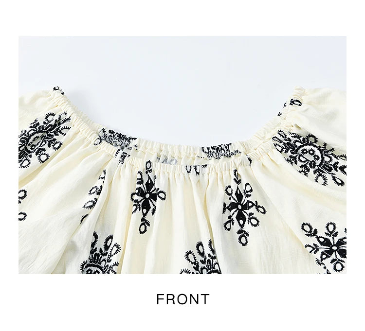 MISHOW Bohemian Print Shirts Women Summer Short Puff Sleeve Square Sleeve Loose Shell Ribbon Stitching Blouses Lady MXE35X1817