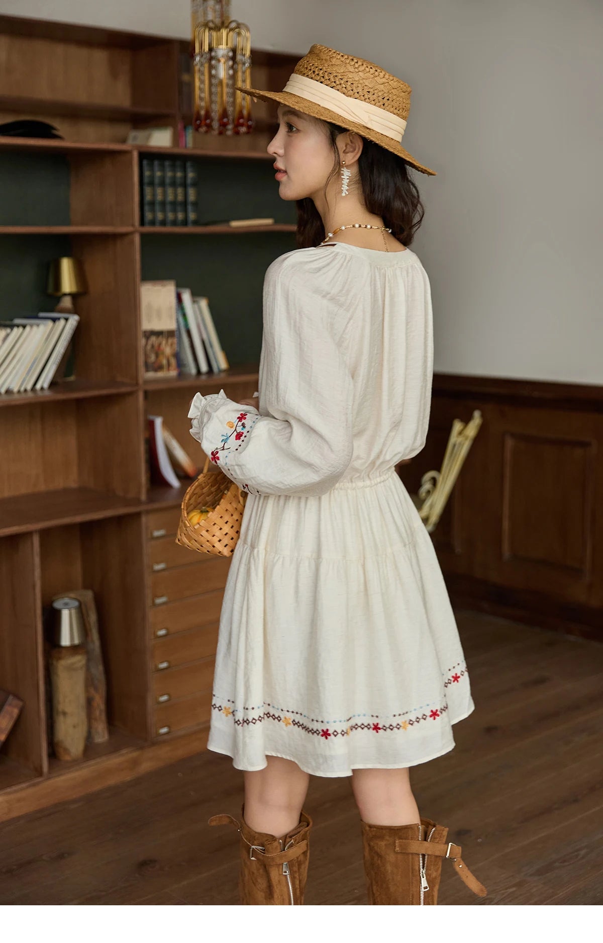 MISHOW Woman Long Sleeve Dress Autumn Elegant V-neck Embroidered Drawstring Waist Dress A-line Bohemian Midi Dresses MXE44L2489