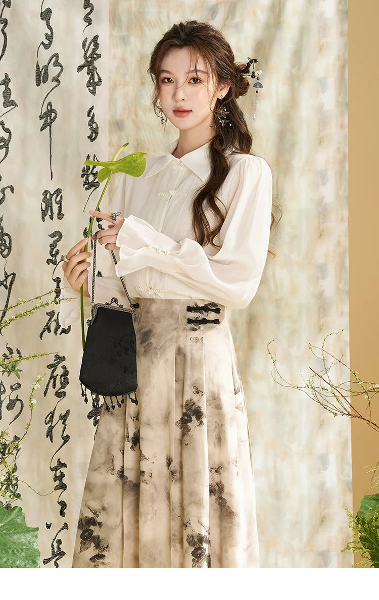 MISHOW Chinese Style Lapel Shirt 2024 Spring Retro Button Pearl Embellishments Folded Cuffs Petal Sleeve Loose Top MXD11X1344