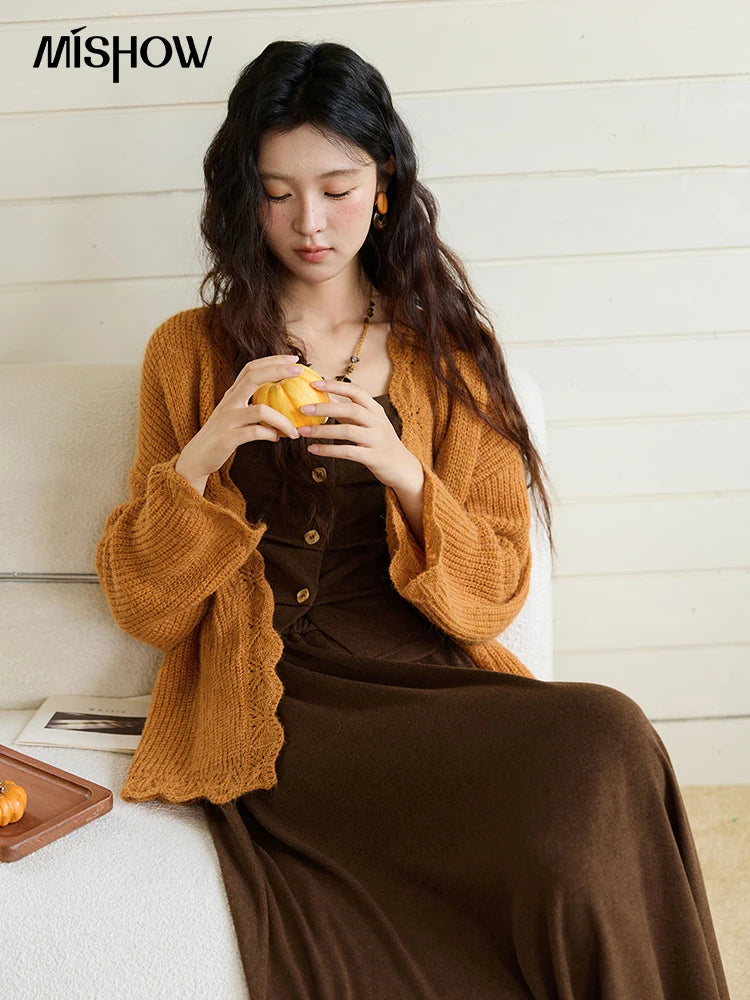 MISHOW Pumpkin Knitted Cardigan for Women Autumn 2025 Loose Wavy Edge Sweater Hollow Out Dropped Sleeves Cardigans MXE46Z2505
