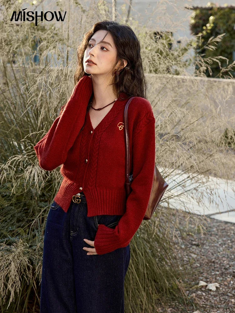 MISHOW Elegant V-neck Sweater Women's Long-sleeved Knitted Jacket 2025 Fall Winter New Korean Vintage Short Cardigan MXD48Z0848