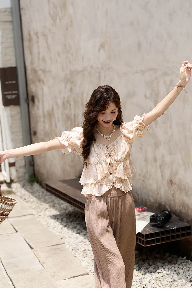 MISHOW French Floral Print Square Neck Shirt for Women 2025 Summer Bubble Sleeve Patchwork Double-layer Ruffle Tops MXD30X1565