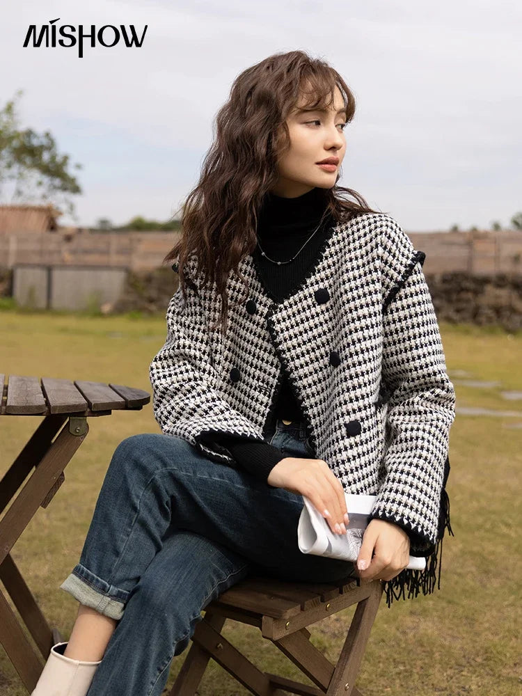 MISHOW Elegant Plaid Wool Blend Short Coat for Women 2024 Autumn Winter Jackets Female Warm Fashion New Outerwears MXB42W0479