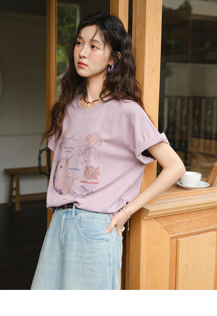 MISHOW Fashion Print T-shirts for women 2025 Summer New O-Neck Loose Casual Short Sleeve Cotton Top Female Clothing MXE36T0575