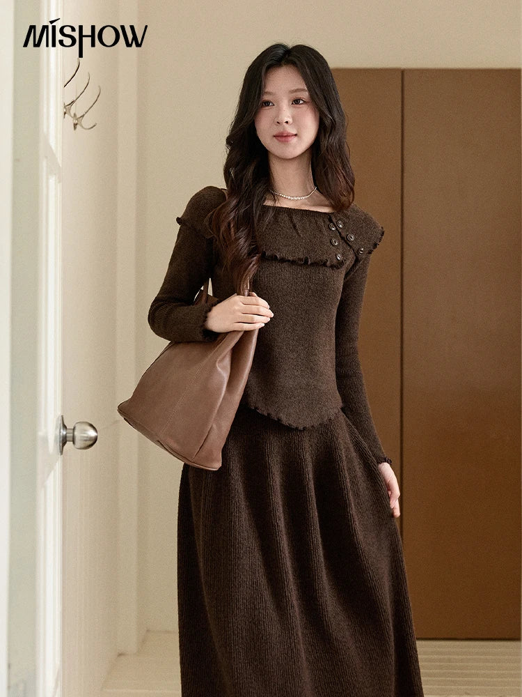MISHOW Women's Retro Knitted Two-Piece Set 2025 Winter Coffee Ruffle Boat Neck Top A-Line Elastic Waist Skirt Outfit MXE93T1455