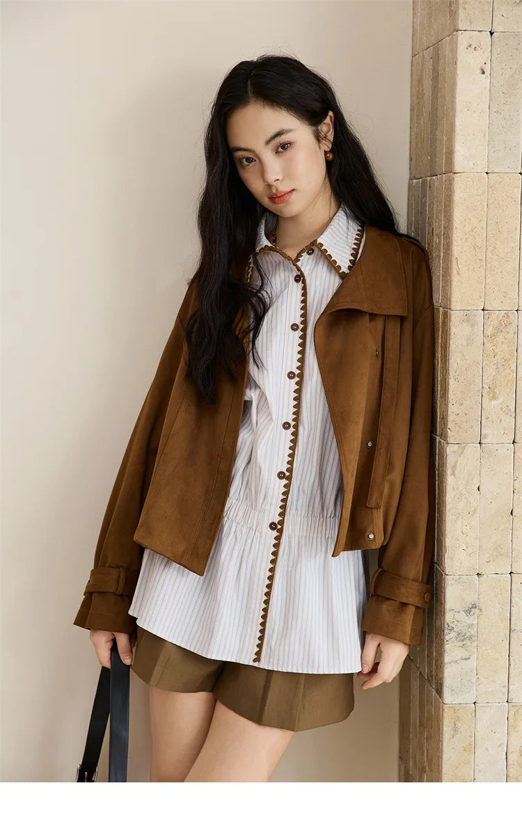 MISHOW Vintage Suede Short Jacket Brown Lapel Zipper MXE45W0869