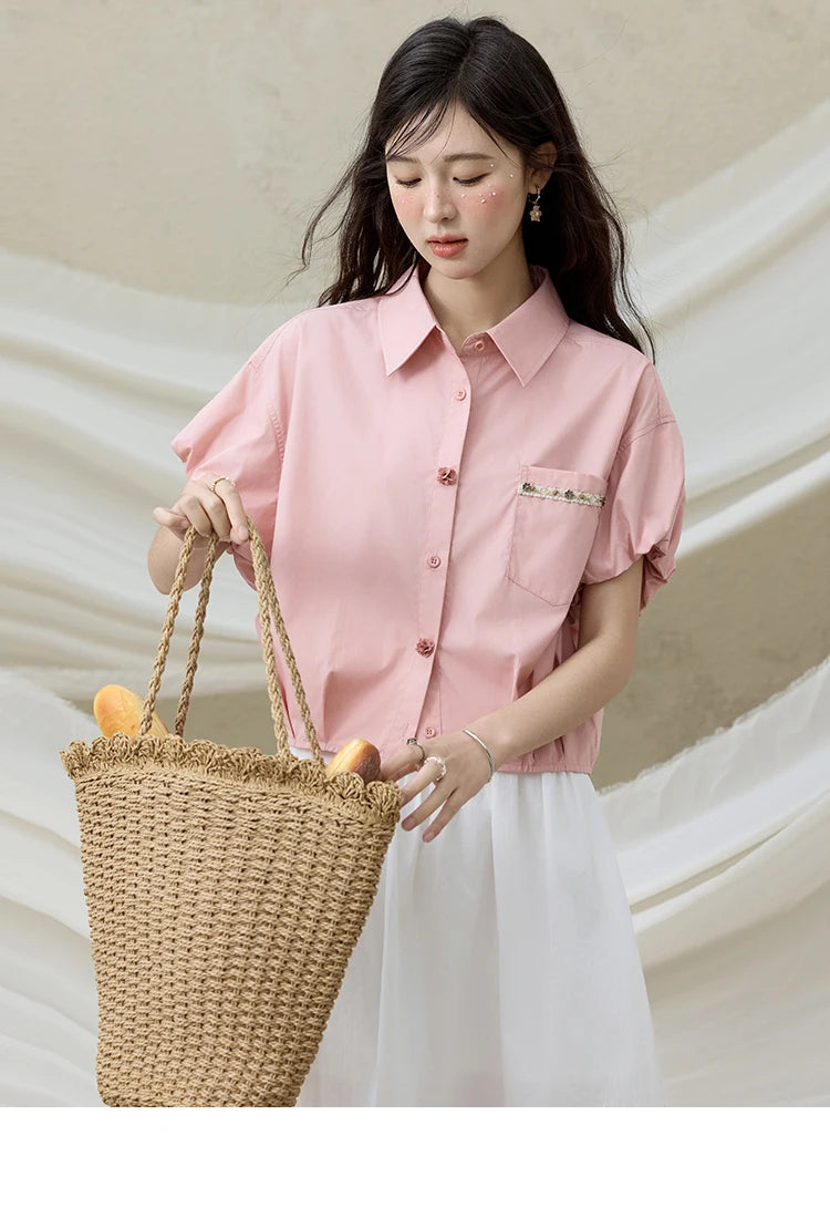 MISHOW Casual Summer Blouses Women 2025 New Short Puff Sleeve Turn Down Collar Shirt Female Fashion Shell Ribbon Tops MXE33C0773