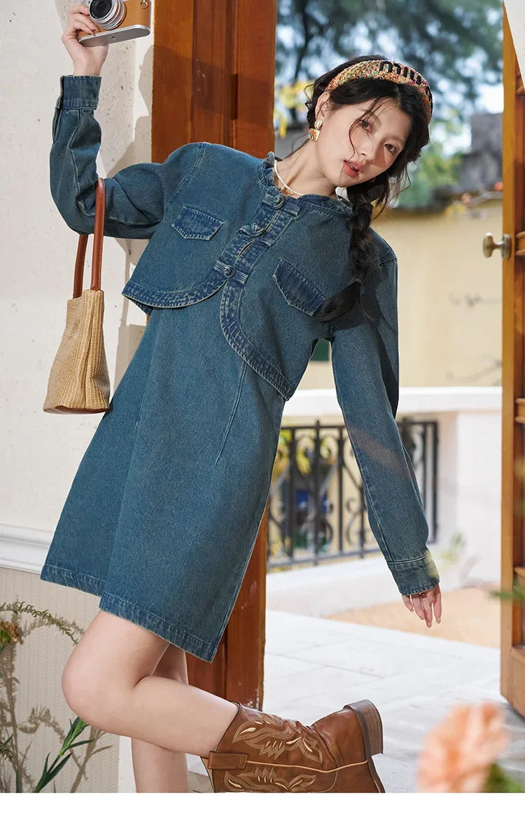 MISHOW Retro Chinese Buckle Denim Short Jacket U-neck Vest Dress Separately 2025 Autumn Casual Coat Knee-Length Dress MXD14L1771