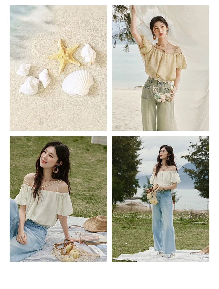 MISHOW French Summer Camisole Shirt Female 2025 New Solid Off-shoulder Short Sleeve Lace Tops Fashion Gentle Blouses MXE33X1755