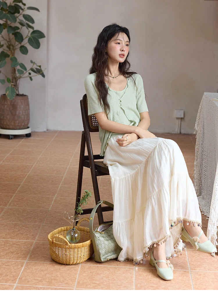 MISHOW Women's Mint Green Fake Two Piece Short Sleeved Knitted Cardigan 2025 Summer Solid Color Loose Comfortable Top MXE36Z1286