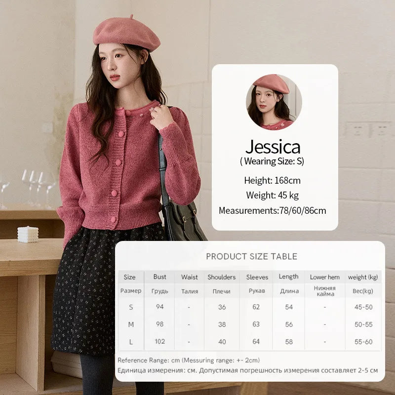 MISHOW Rose Red Sequin Beaded Floral Cardigan 2025 Winter Slight Puff Sleeve O-Neck Sweater Thick Warm Short Knitwear MXE93Z2808