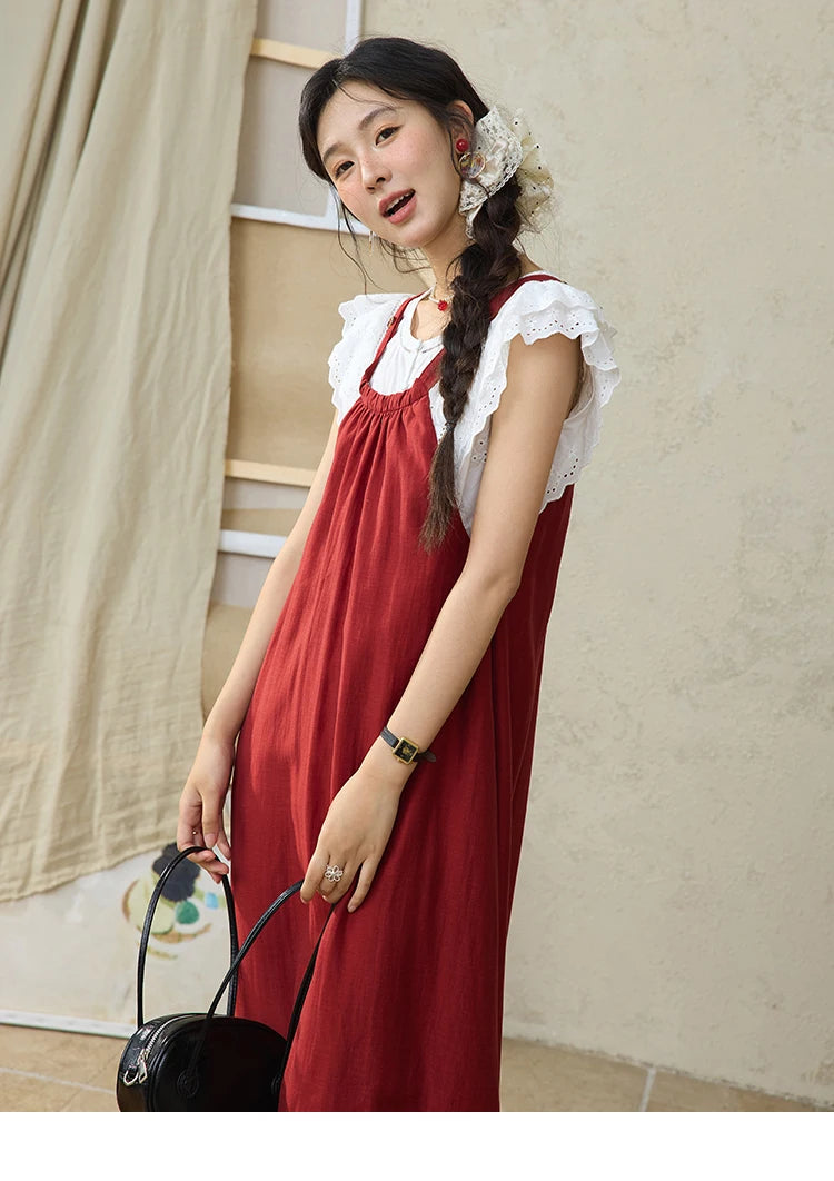 MISHOW Red Linen Strap Midi Dress Summer Sleeveless Casual Vacation Dress Hanging Neck Loose A-LINE Dress (Not A Set) MXE36L2309