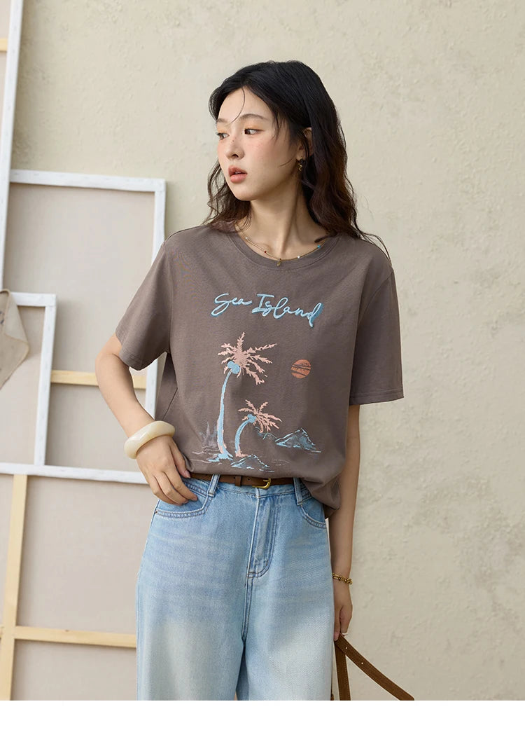 MISHOW Casual Print Shirts Women Summer New 2025 Short Sleeve Round Neck Loose Pure Cotton T-shirt Female Fashion MXE31T0533