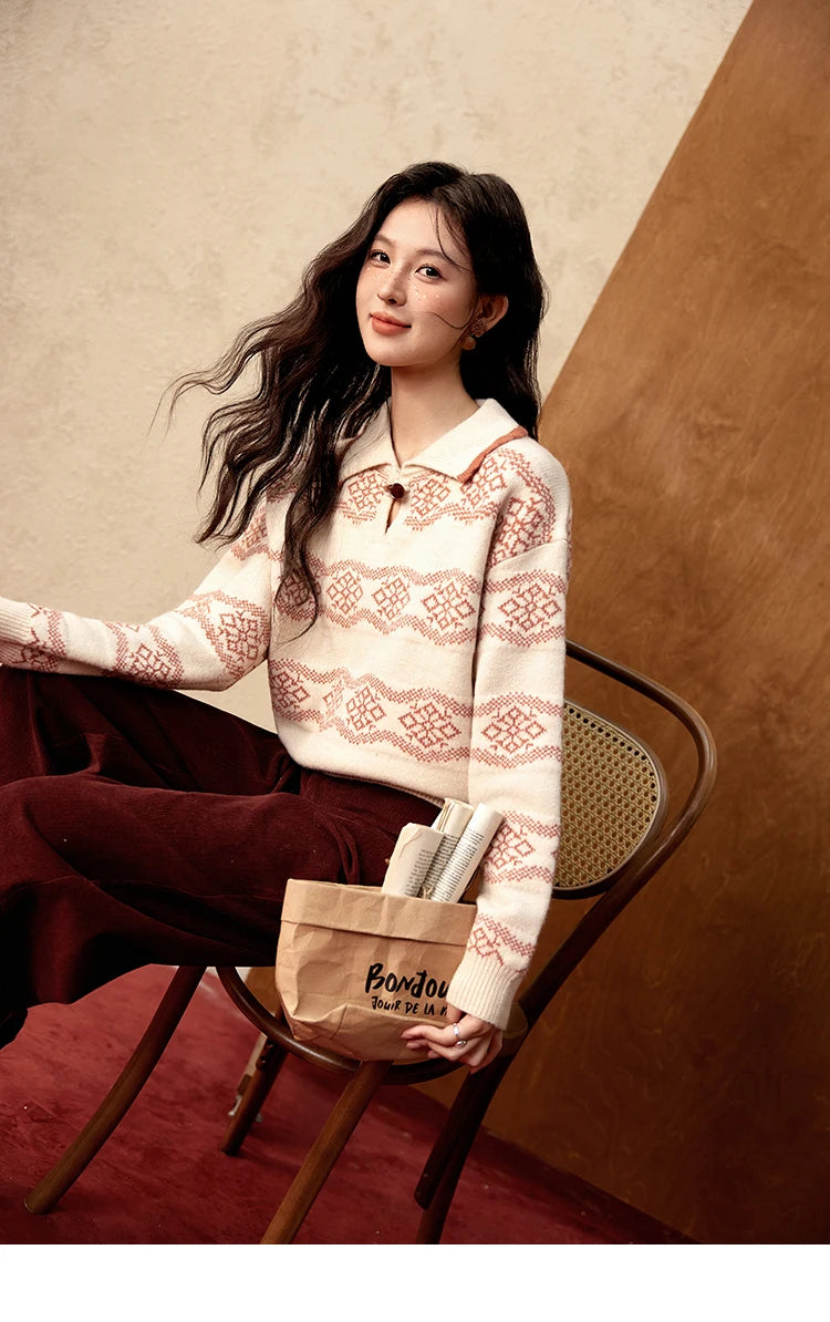 MISHOW Fair Isle Knitting Sweater Women Christmas Turn Down Collar Pullovers Versatile Soft Warm Office Lady Warm Top MXD59Z1042