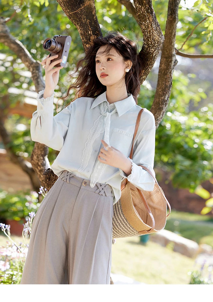 MISHOW French Spring Blouses Women 2025 New Long Sleeve Turn-down Collar Loose Shirts Female Fashion Lace Casual Tops MXE16C0760