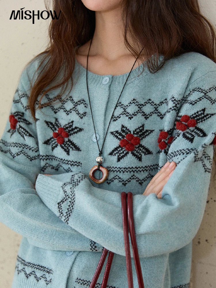 MISHOW Women's Geometric Jacquard Fair Isle Sweater 2025 Winter Retro Blue O-Neck Single-breasted Commuter Cardigan MXE86Z2734