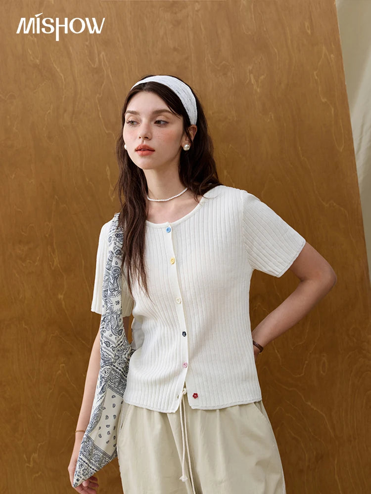 MISHOW Casual Summer Cardigan Women 2025 Short Sleeve Round Neck Solid Thin Knitted Pullovers Female Slimming Tops MXE34Z1268