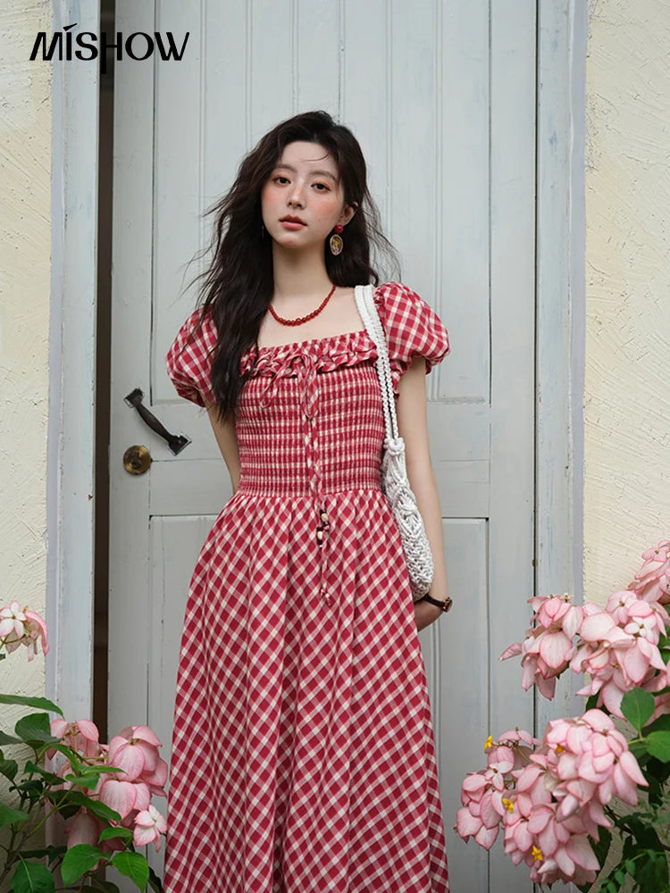 MISHOW Women's Retro Red Plaid Dress 2025 Summer New Square Neck Lace Up Hollow Out Spliced Dresses Women's Clothing MXE39L2324