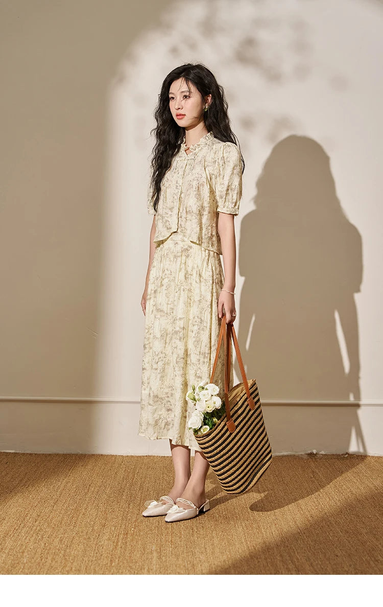 MISHOW Chinese Chiffon Embroidered Shirt A-line Skirt Separately Summer Puff Sleeve Top Rear Elastic Waist Skirt MXD24X1405